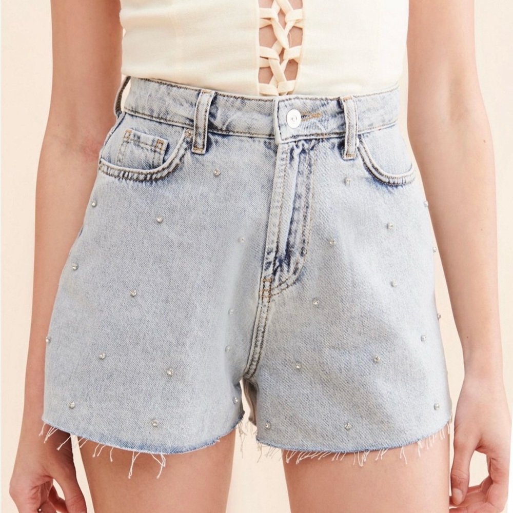 Nocturne Light Blue Studded Denim Shorts